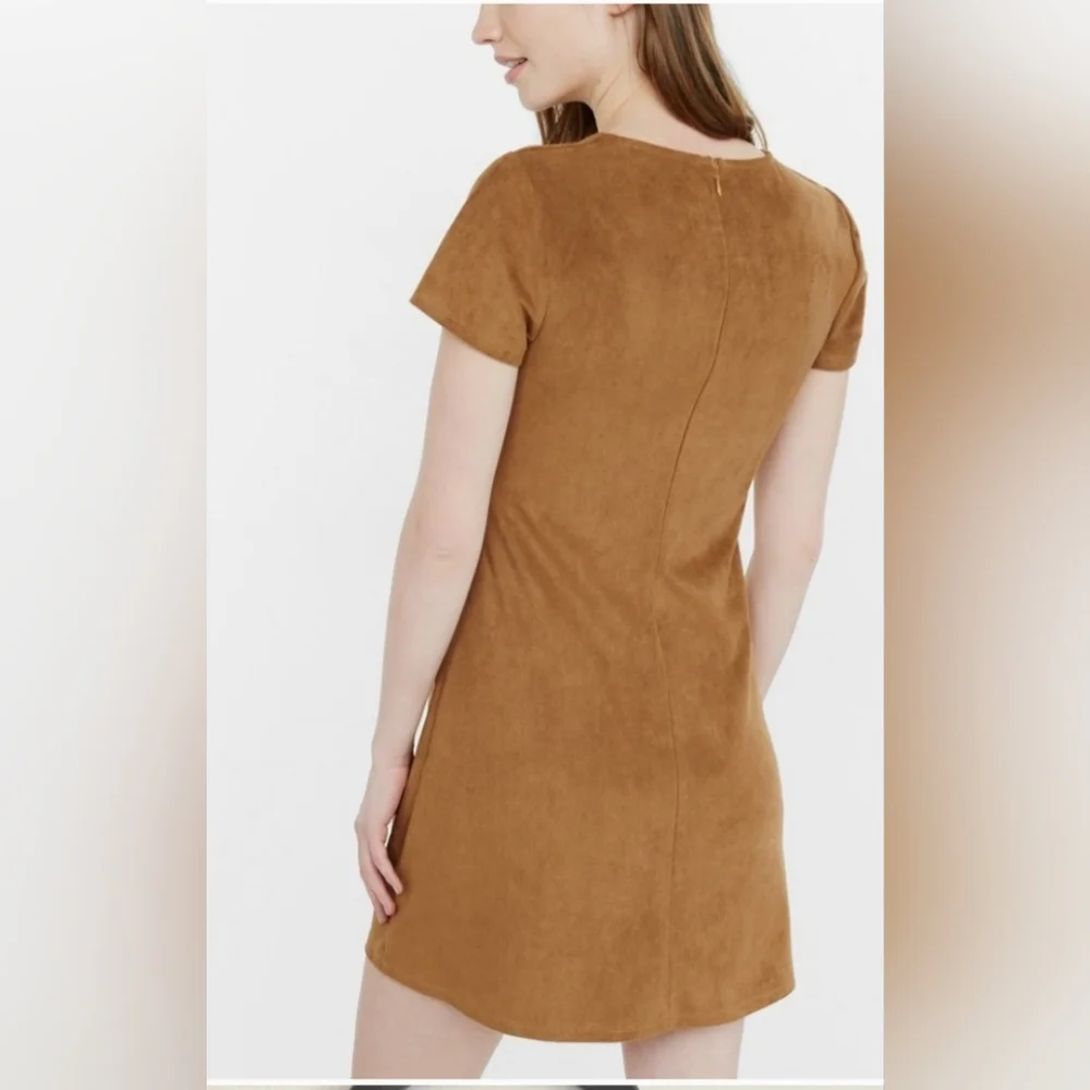 Express size 2 camel brown suede cross laced v neck lined zip up mini dress - Picture 2 of 7